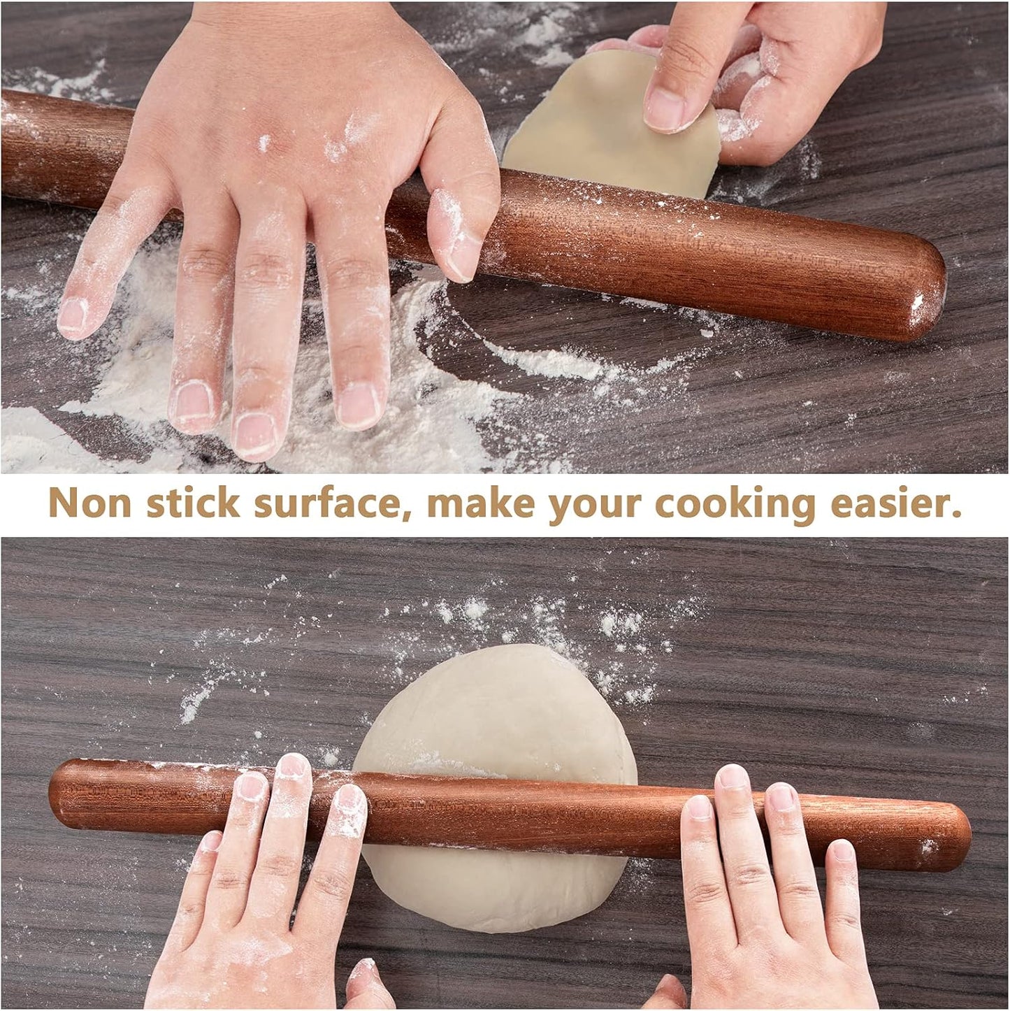 French Rolling Pin, 17.7 Inches Wood Rolling Pin for Baking Extra Lg Thickened, Classic Wooden Dough Roller for Fdant Pizza Pie Crust Cookie Pastry, Essential Kitchen Utensil, Brown