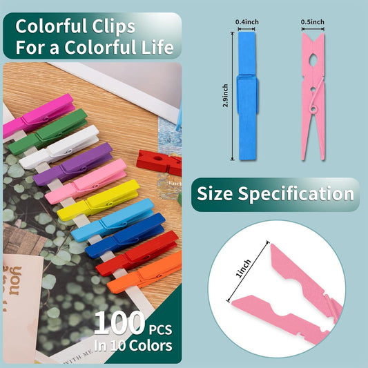 100 Pcs Colored Clothespins Wooden 2.9 Inch Rainbow Color Crafts Decorative Clips for Scrapbooking, Photographs and Hanging Outdoor Clothes, 10 Each of 10 Colors