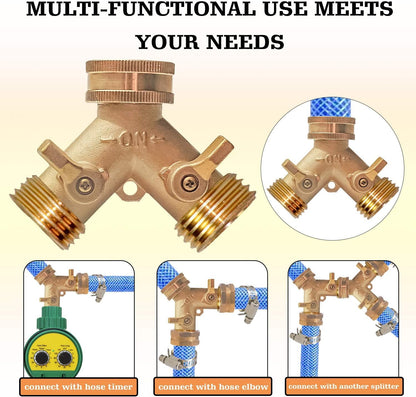 Hose Splitter, Garden Hose Splitter Heavy Duty 2 Way, Solid Brass Water Hose Y Splitter 2 Valves with 2 Extra Rubber Washers