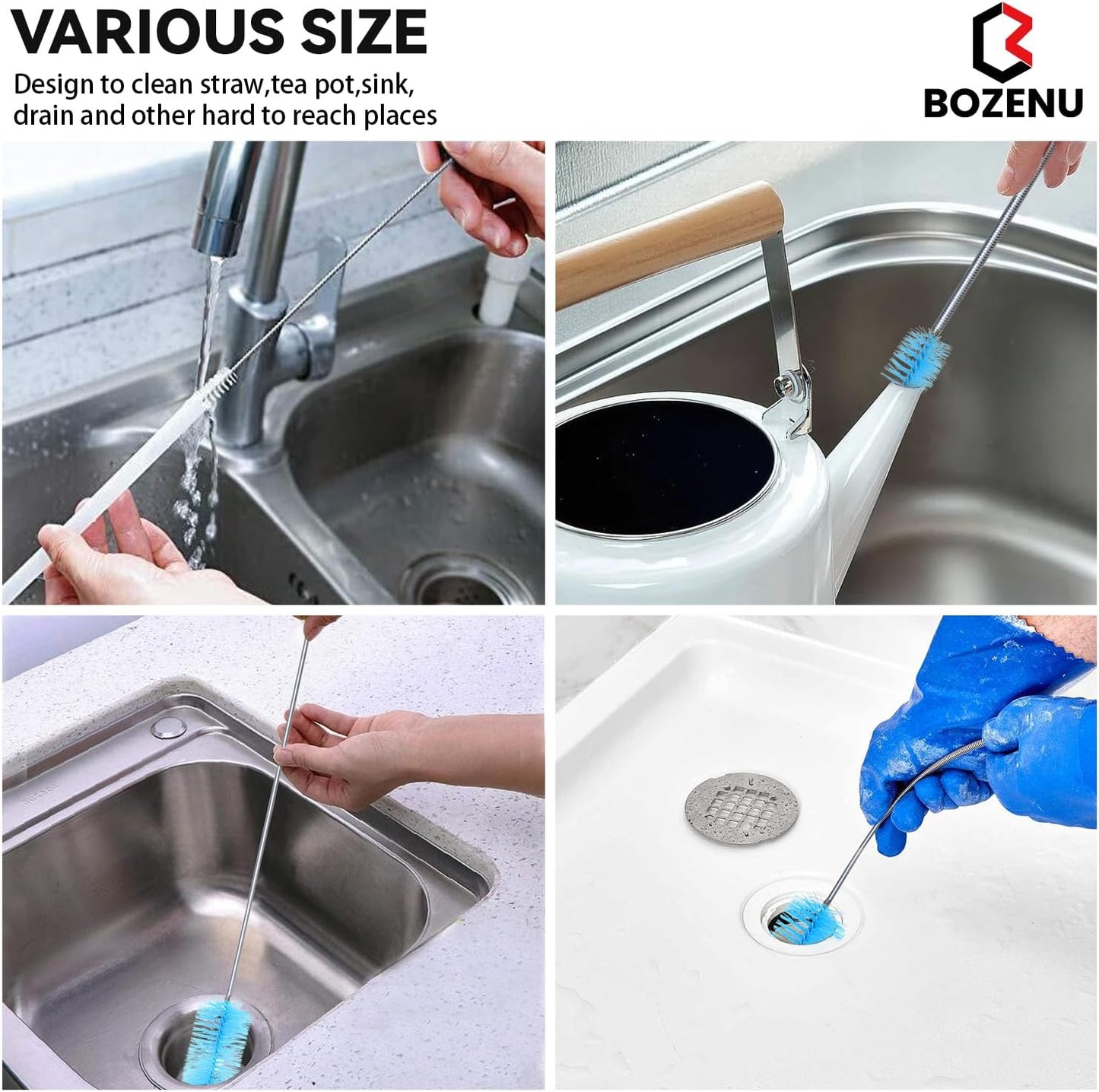 Flexible Drain Brush, 66 Inch Lg Double Ended Hose Pipe and 58 Inch Tube Cleaning Brush and 2 Pack 8 Inch Straw Cleaner Brush