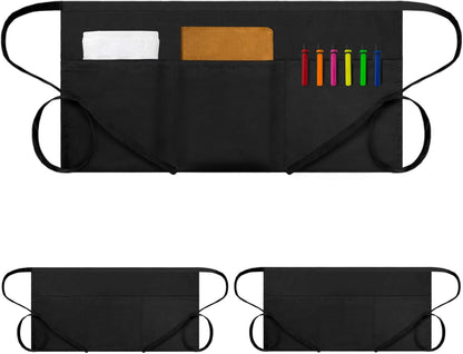Waitress Server Apr with 3 Pockets, Water Resistant Black Half Waist Apr with Pockets, 12 Inch Waist Server Aprs