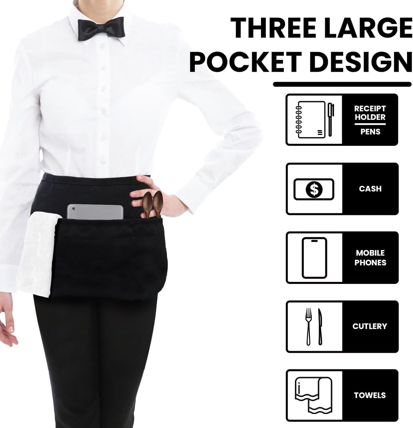 Waitress Server Apr with 3 Pockets, Water Resistant Black Half Waist Apr with Pockets, 12 Inch Waist Server Aprs