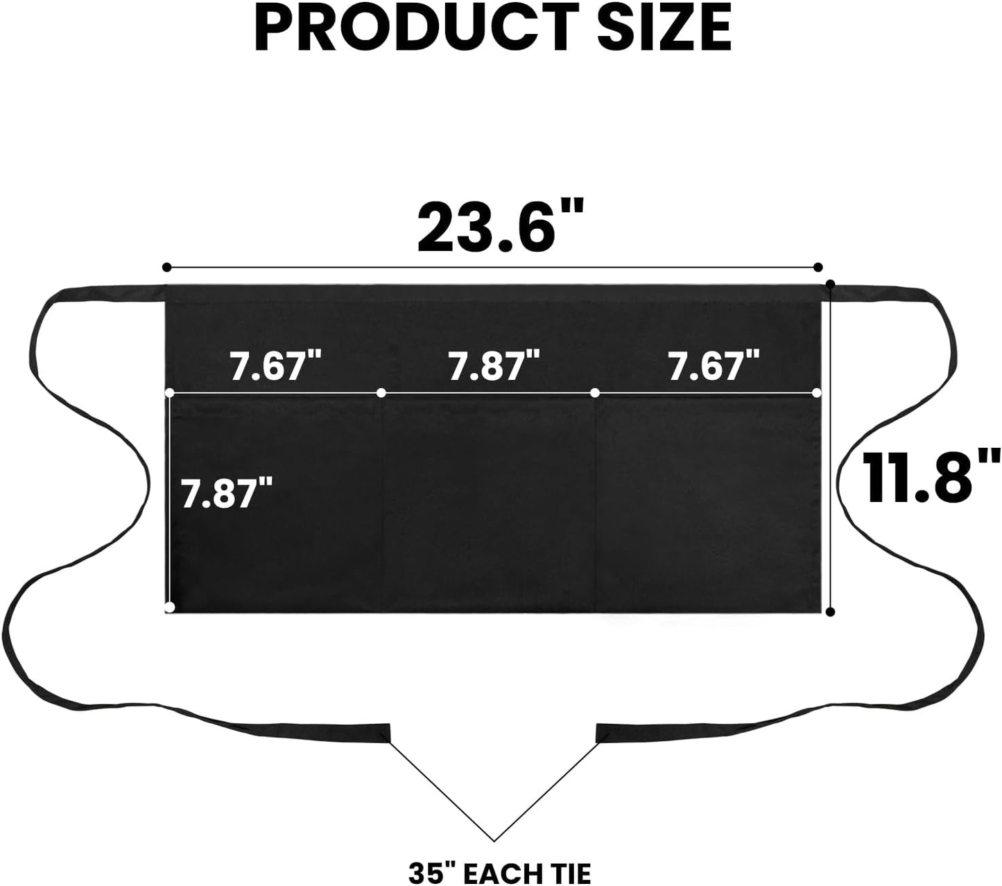 Waitress Server Apr with 3 Pockets, Water Resistant Black Half Waist Apr with Pockets, 12 Inch Waist Server Aprs