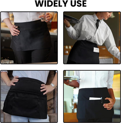 Waitress Server Apr with 3 Pockets, Water Resistant Black Half Waist Apr with Pockets, 12 Inch Waist Server Aprs