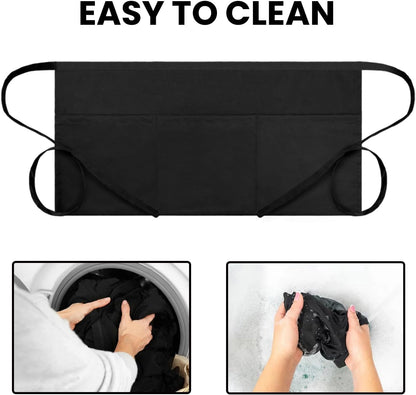 Waitress Server Apr with 3 Pockets, Water Resistant Black Half Waist Apr with Pockets, 12 Inch Waist Server Aprs