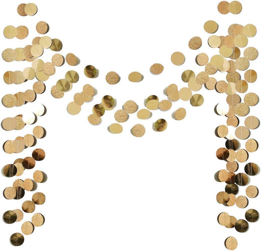 6 Pcs Glitter Champagne Gold Paper Circle Dots Garland (52 Feet) Party Hanging Bunting Birthday Decorations Engagement Bridal Shower Wedding Baby Christmas Supplies Photo Backdrop