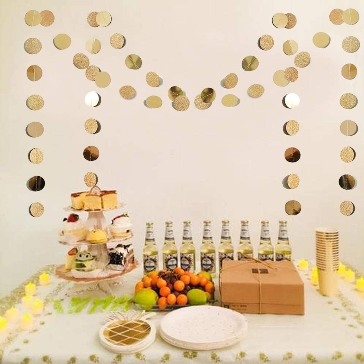 6 Pcs Glitter Champagne Gold Paper Circle Dots Garland (52 Feet) Party Hanging Bunting Birthday Decorations Engagement Bridal Shower Wedding Baby Christmas Supplies Photo Backdrop