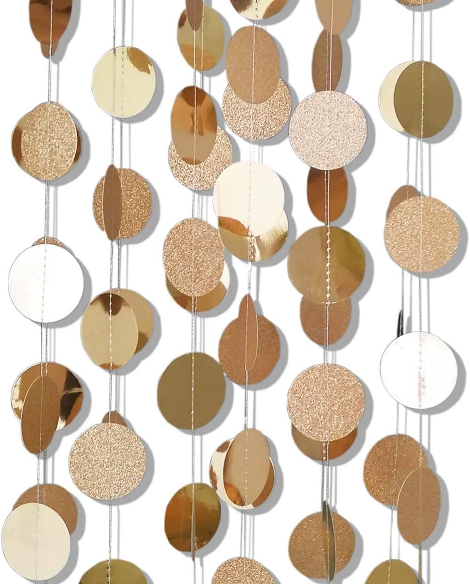 6 Pcs Glitter Champagne Gold Paper Circle Dots Garland (52 Feet) Party Hanging Bunting Birthday Decorations Engagement Bridal Shower Wedding Baby Christmas Supplies Photo Backdrop