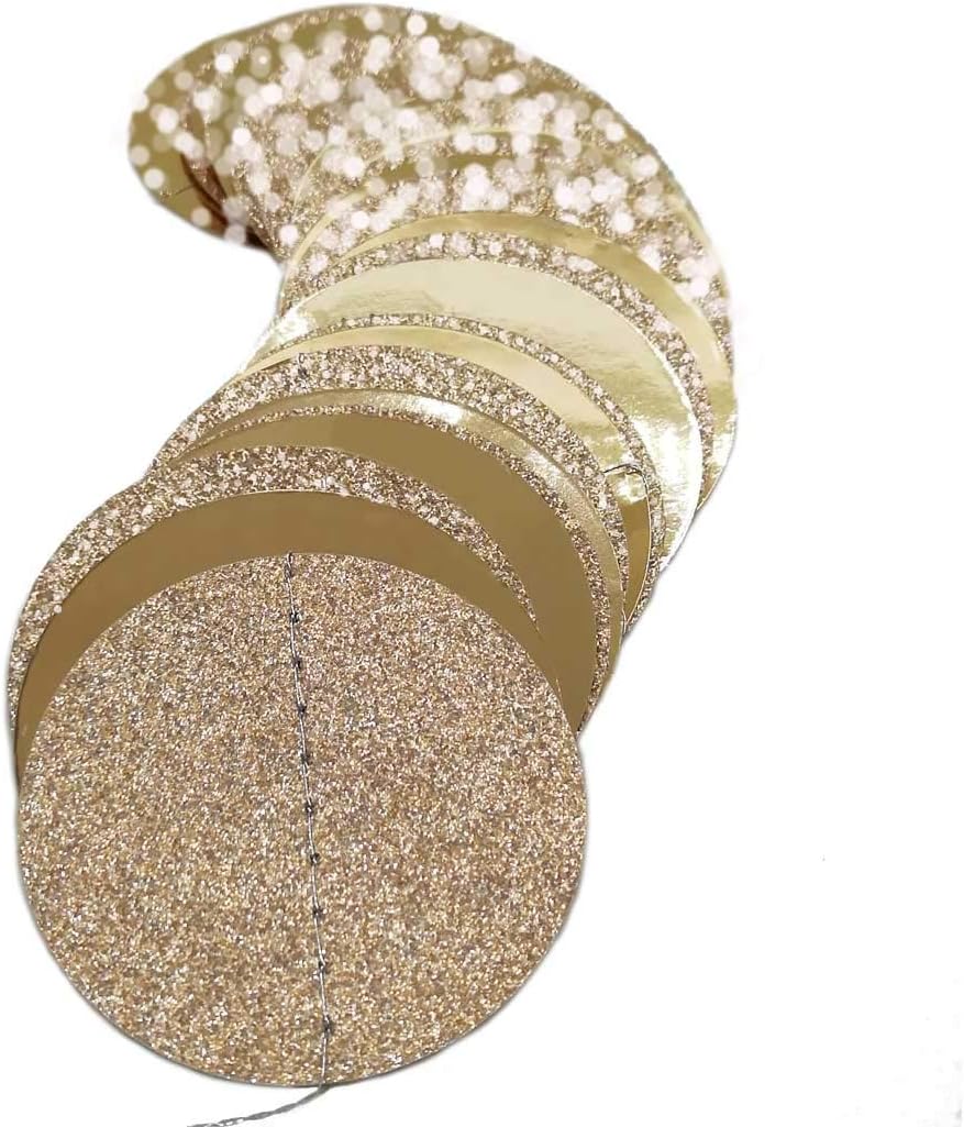 6 Pcs Glitter Champagne Gold Paper Circle Dots Garland (52 Feet) Party Hanging Bunting Birthday Decorations Engagement Bridal Shower Wedding Baby Christmas Supplies Photo Backdrop