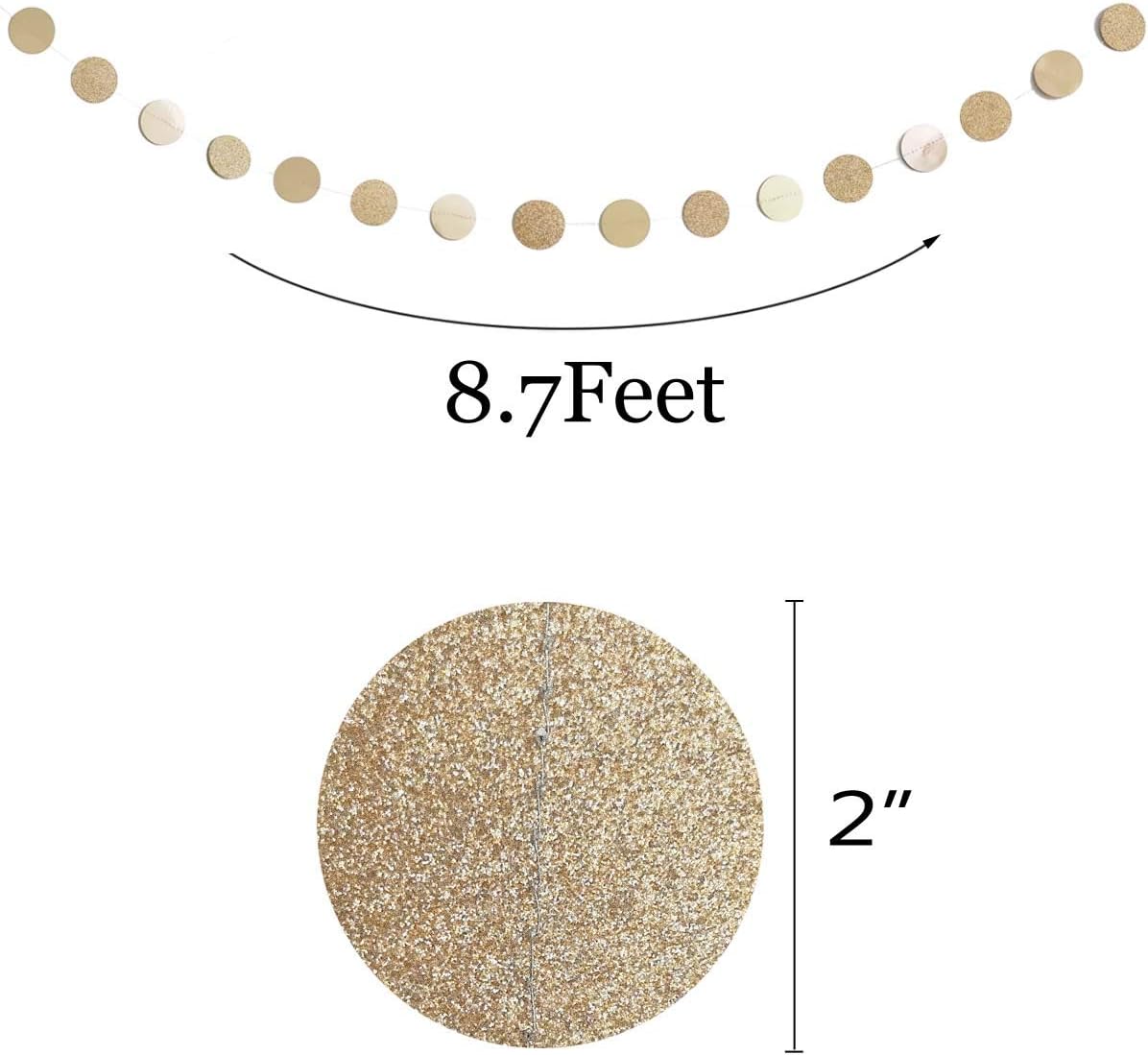 6 Pcs Glitter Champagne Gold Paper Circle Dots Garland (52 Feet) Party Hanging Bunting Birthday Decorations Engagement Bridal Shower Wedding Baby Christmas Supplies Photo Backdrop