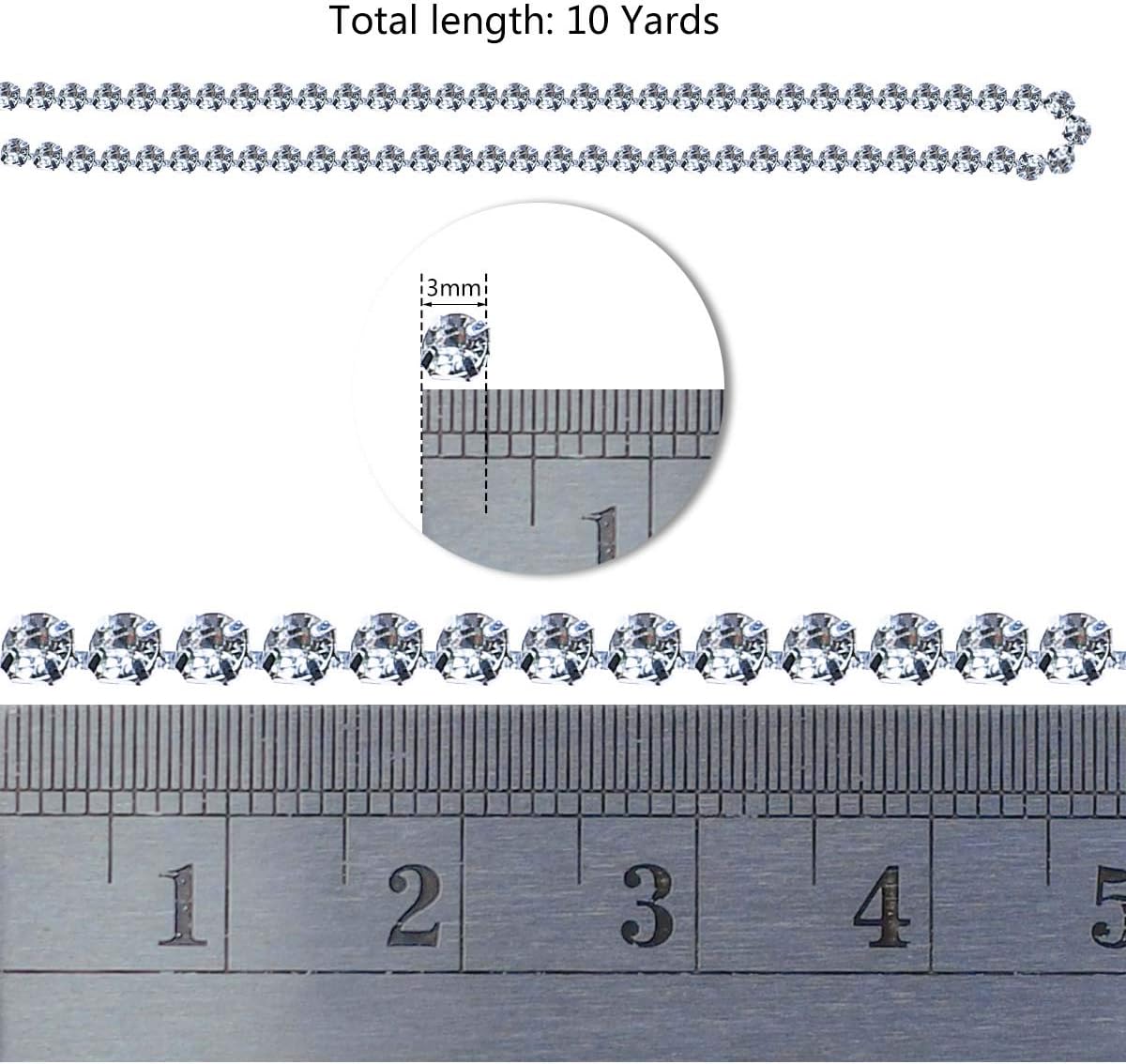 1 Roll 10 Yards 3MM Crystal Rhinestone Close Chain Trim for Sewing Craft DIY Decoration Jewelry Silver Claw Cup Diamond Trimming Clear (SS12) silver