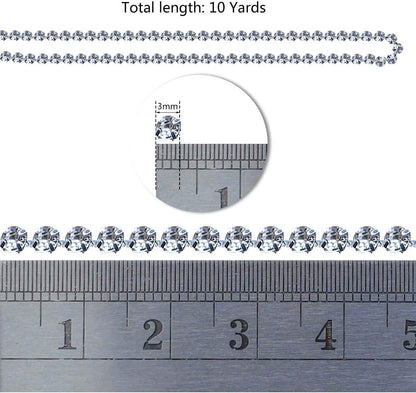 1 Roll 10 Yards 3MM Crystal Rhinestone Close Chain Trim for Sewing Craft DIY Decoration Jewelry Silver Claw Cup Diamond Trimming Clear (SS12) silver