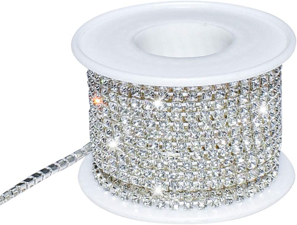 1 Roll 10 Yards 3MM Crystal Rhinestone Close Chain Trim for Sewing Craft DIY Decoration Jewelry Silver Claw Cup Diamond Trimming Clear (SS12) silver