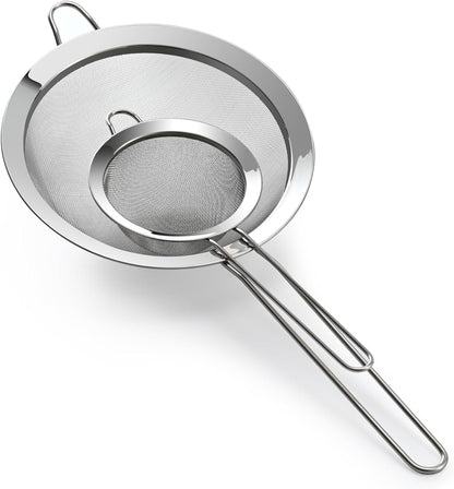 Premium 304 Stainless Steel Fine Mesh Strainer – Multi-Use Colander, Sieve, and Filter for Rice, Juice, Quinoa, Flour, Baking, Cooking, Meal Prep Durable, Easy-to-Clean Kitchen Tool  7.1 in + 3.9