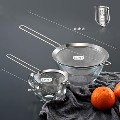 Premium 304 Stainless Steel Fine Mesh Strainer – Multi-Use Colander, Sieve, and Filter for Rice, Juice, Quinoa, Flour, Baking, Cooking, Meal Prep Durable, Easy-to-Clean Kitchen Tool  7.1 in + 3.9