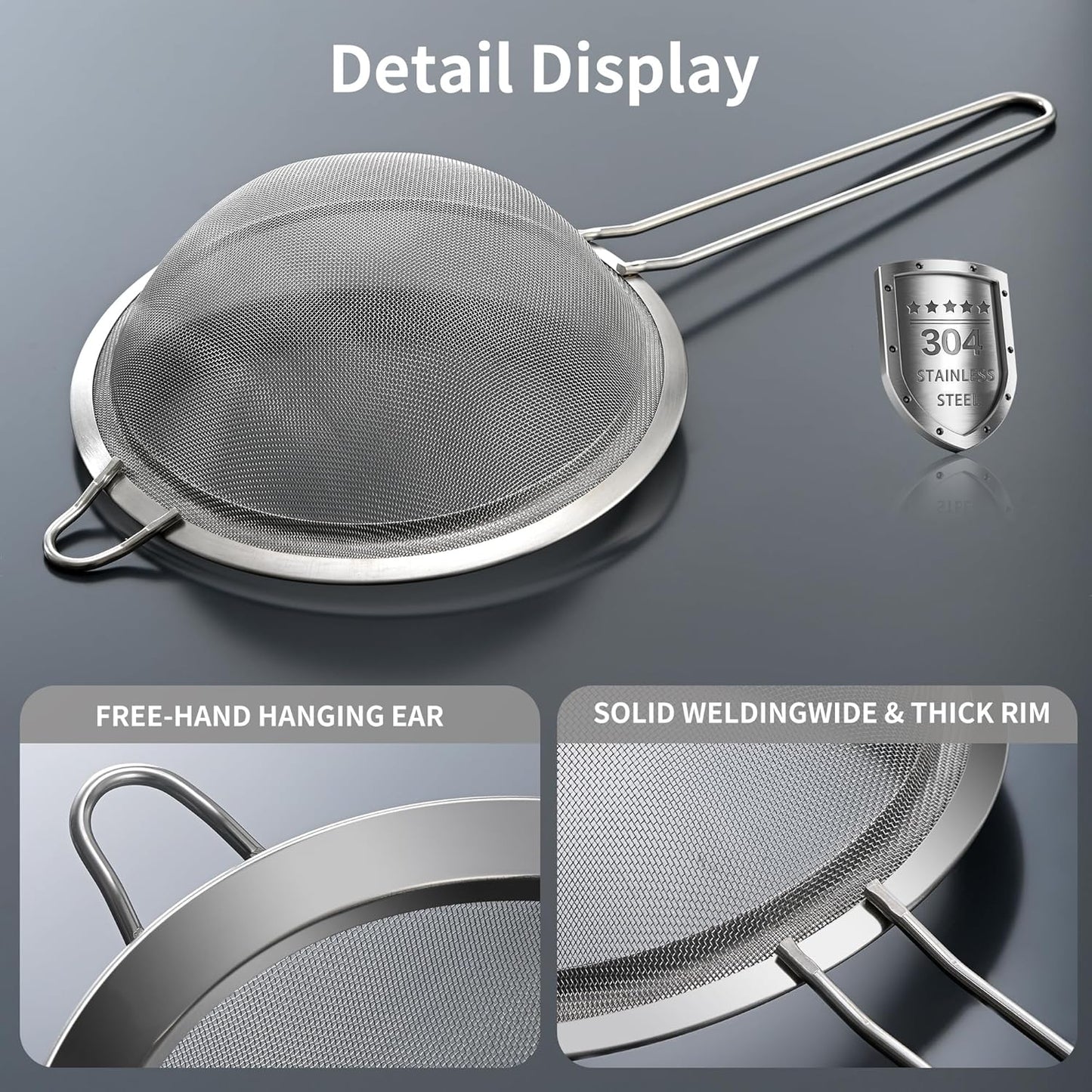 Premium 304 Stainless Steel Fine Mesh Strainer – Multi-Use Colander, Sieve, and Filter for Rice, Juice, Quinoa, Flour, Baking, Cooking, Meal Prep Durable, Easy-to-Clean Kitchen Tool  7.1 in + 3.9