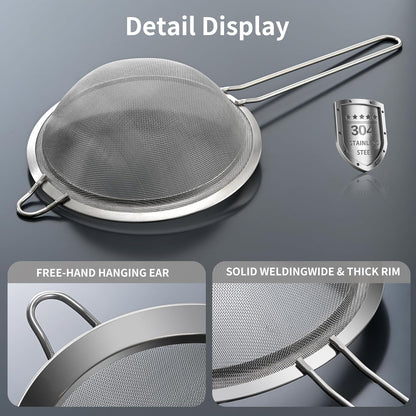 Premium 304 Stainless Steel Fine Mesh Strainer – Multi-Use Colander, Sieve, and Filter for Rice, Juice, Quinoa, Flour, Baking, Cooking, Meal Prep Durable, Easy-to-Clean Kitchen Tool  7.1 in + 3.9