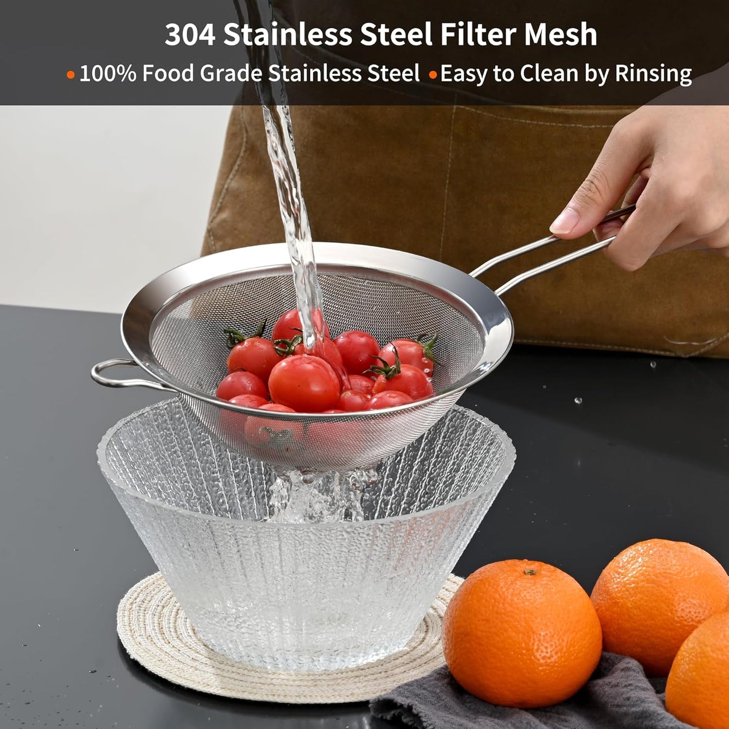 Premium 304 Stainless Steel Fine Mesh Strainer – Multi-Use Colander, Sieve, and Filter for Rice, Juice, Quinoa, Flour, Baking, Cooking, Meal Prep Durable, Easy-to-Clean Kitchen Tool  7.1 in + 3.9