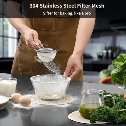 Premium 304 Stainless Steel Fine Mesh Strainer – Multi-Use Colander, Sieve, and Filter for Rice, Juice, Quinoa, Flour, Baking, Cooking, Meal Prep Durable, Easy-to-Clean Kitchen Tool  7.1 in + 3.9