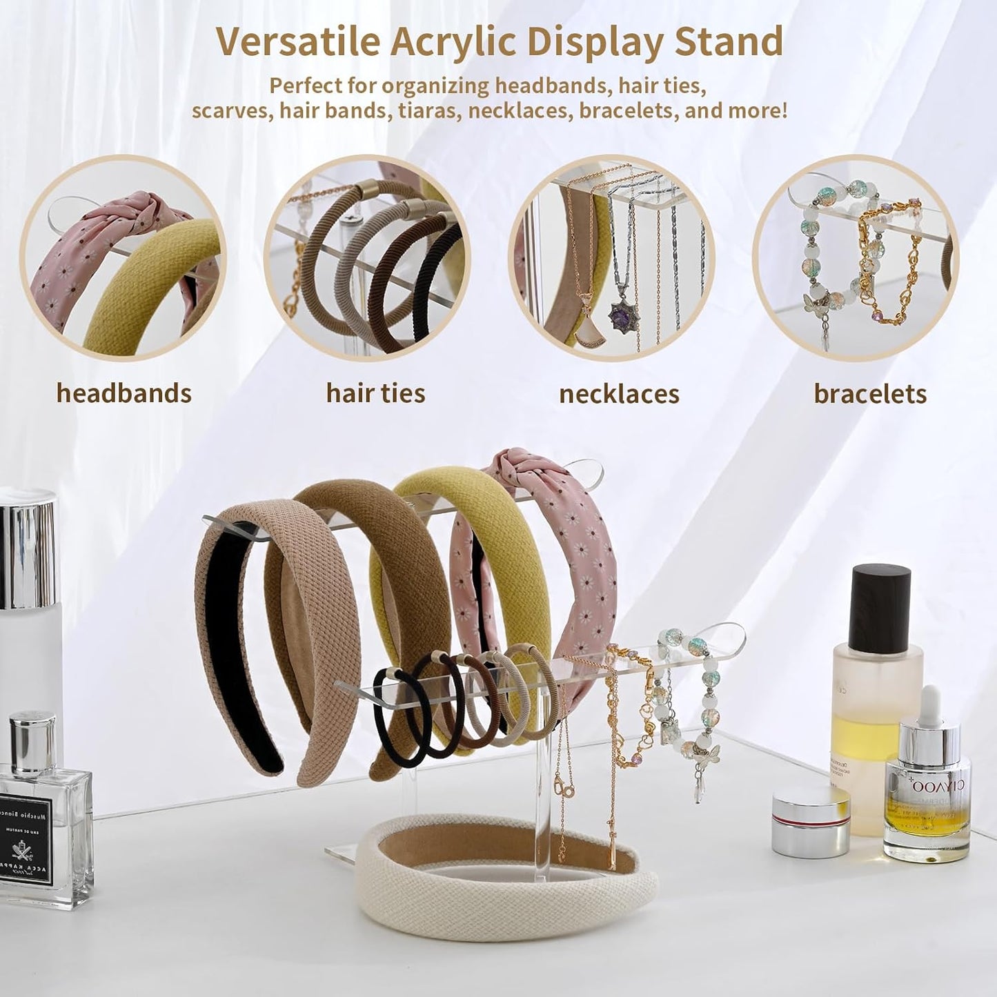 Petluno Double-Tier Clear Acrylic Headband Holder Stand - Elegant Display for 20+ Hair Bands, Accessories Organizer Bedroom, Vanity & Salon Space-Saving, Durable Stylish