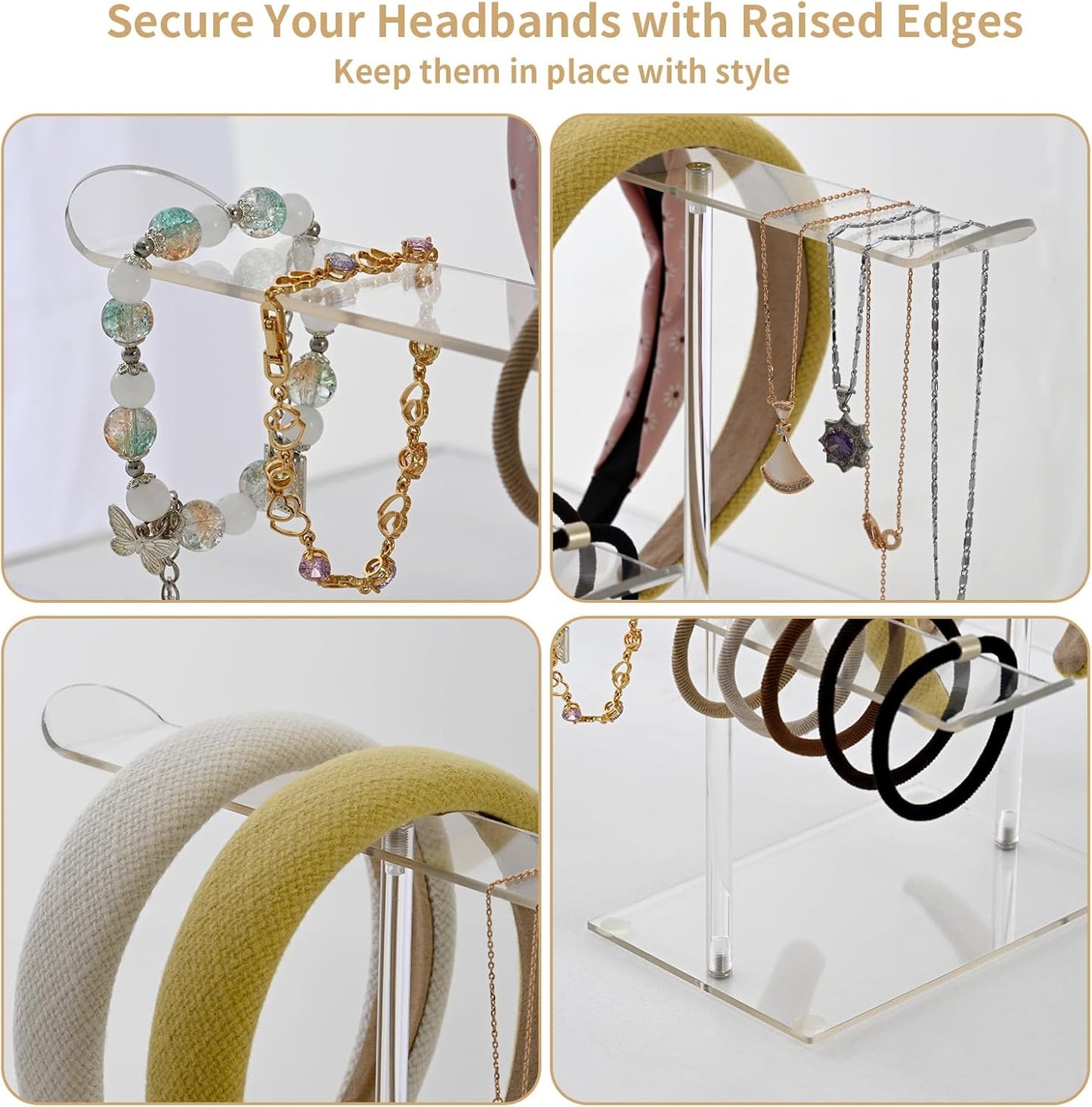 Petluno Double-Tier Clear Acrylic Headband Holder Stand - Elegant Display for 20+ Hair Bands, Accessories Organizer Bedroom, Vanity & Salon Space-Saving, Durable Stylish