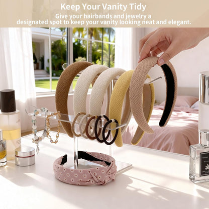 Petluno Double-Tier Clear Acrylic Headband Holder Stand - Elegant Display for 20+ Hair Bands, Accessories Organizer Bedroom, Vanity & Salon Space-Saving, Durable Stylish
