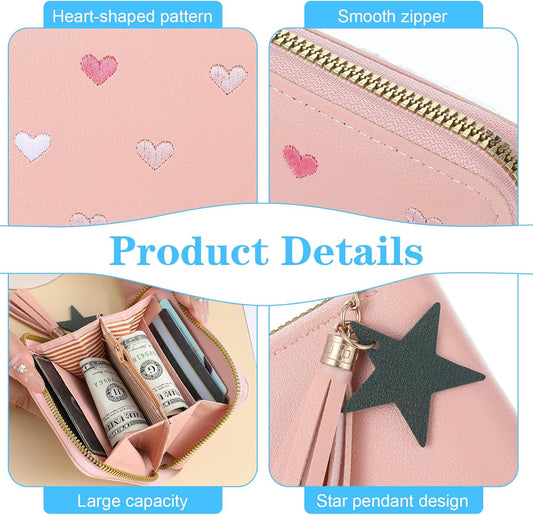 2 PCS Wallets for Girls, Small PU Leather Girls Wallets for Kids 6-8 with Zipper and Card Slots, Cute Credit Card Holder with Heart-embroidery Star Tassels Pendant for Kids Women (Blue, Pink)