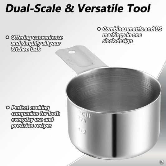 Xindojuz 1 Cup Single Stainless Steel Measuring Cup, Etched Inner Scale Metal Measure Scoop for Cooking Baking, Laundry Detergent, Wet and Dry Ingredients, Dishwasher Safe (240 ml, 8 oz)
