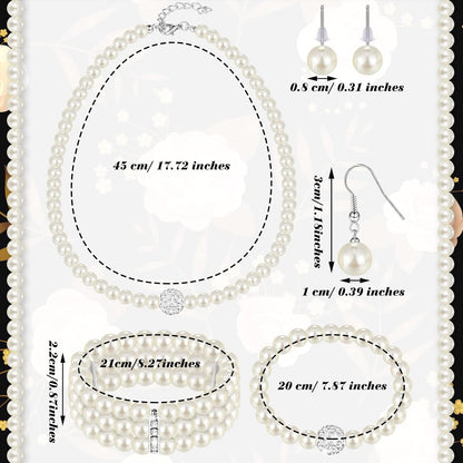 Glenmal Pearl Rhinestone Jewelry Set for Women Pearl Necklace Bracelet Earrings for Wedding Birthday Bridal Shower Tea Party