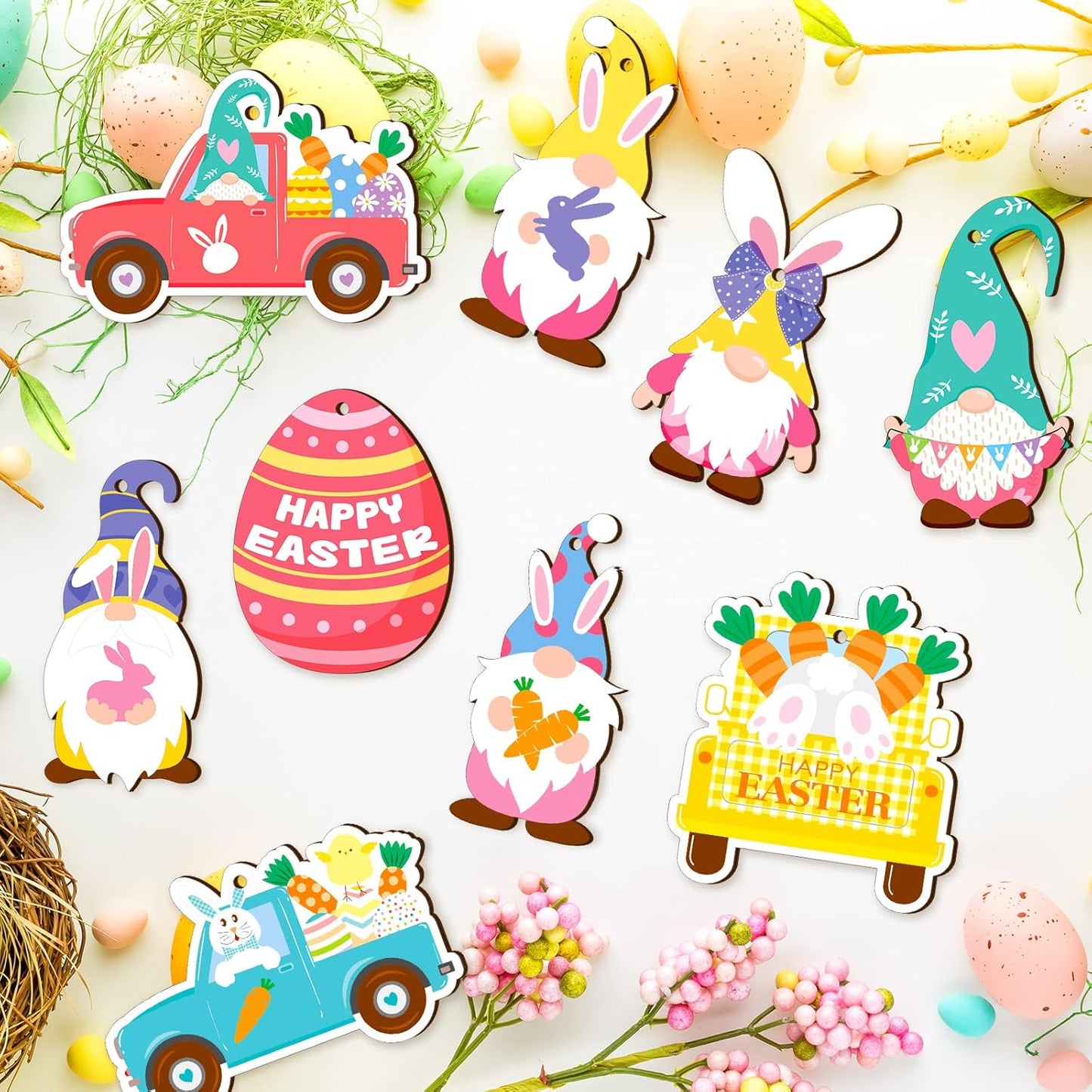 Glenmal 36 Pcs Happy Easter Ornaments for Tree Easter Wooden Hanging Ornaments Egg Bunny Tree Decorations Spring Gnome Chick Wood Slices Pendant with Rope for Home Spring Party Decor