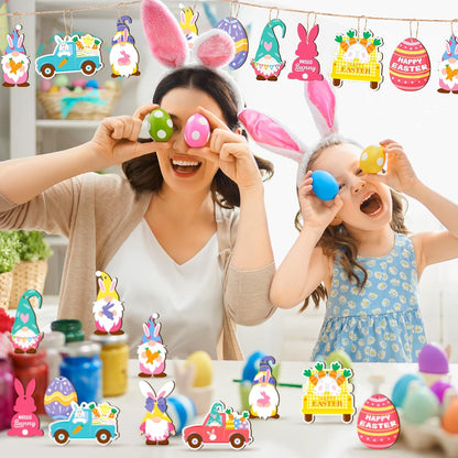 Glenmal 36 Pcs Happy Easter Ornaments for Tree Easter Wooden Hanging Ornaments Egg Bunny Tree Decorations Spring Gnome Chick Wood Slices Pendant with Rope for Home Spring Party Decor