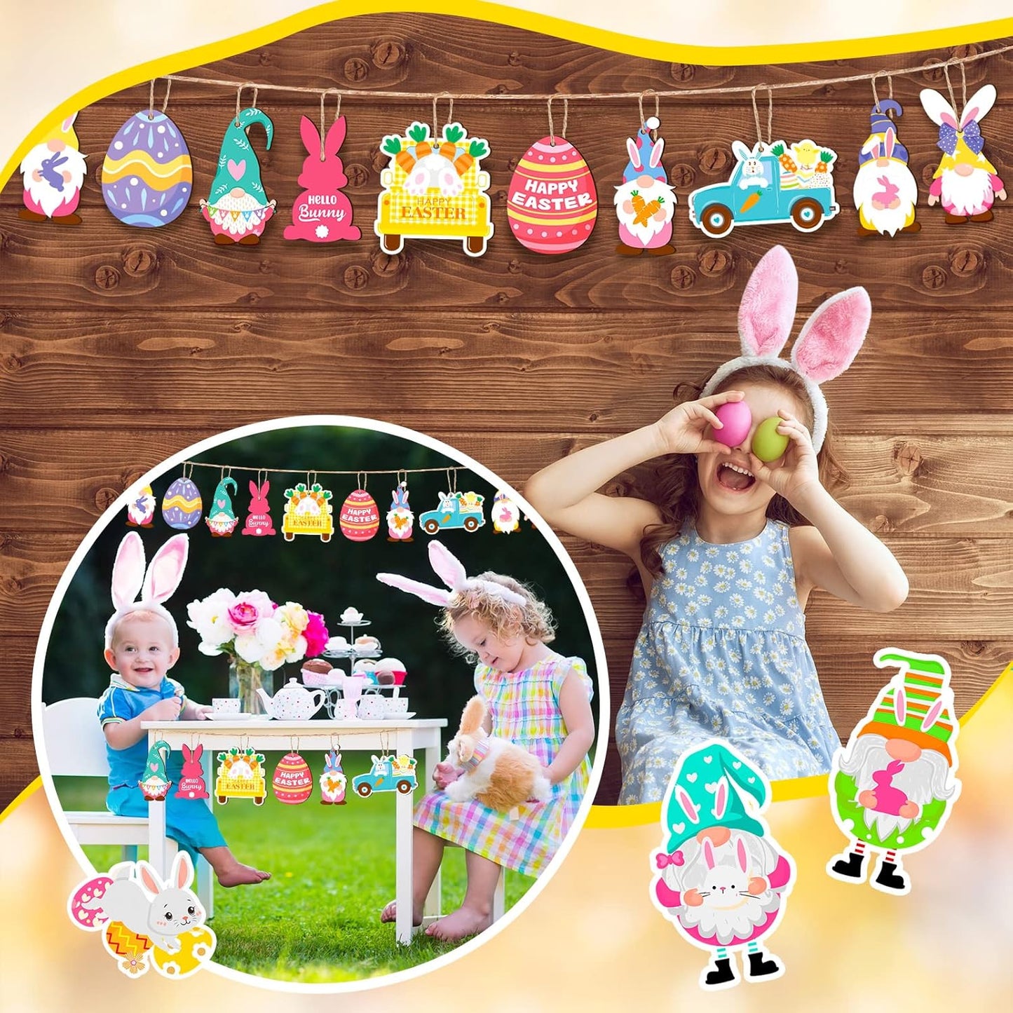 Glenmal 36 Pcs Happy Easter Ornaments for Tree Easter Wooden Hanging Ornaments Egg Bunny Tree Decorations Spring Gnome Chick Wood Slices Pendant with Rope for Home Spring Party Decor