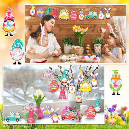 Glenmal 36 Pcs Happy Easter Ornaments for Tree Easter Wooden Hanging Ornaments Egg Bunny Tree Decorations Spring Gnome Chick Wood Slices Pendant with Rope for Home Spring Party Decor