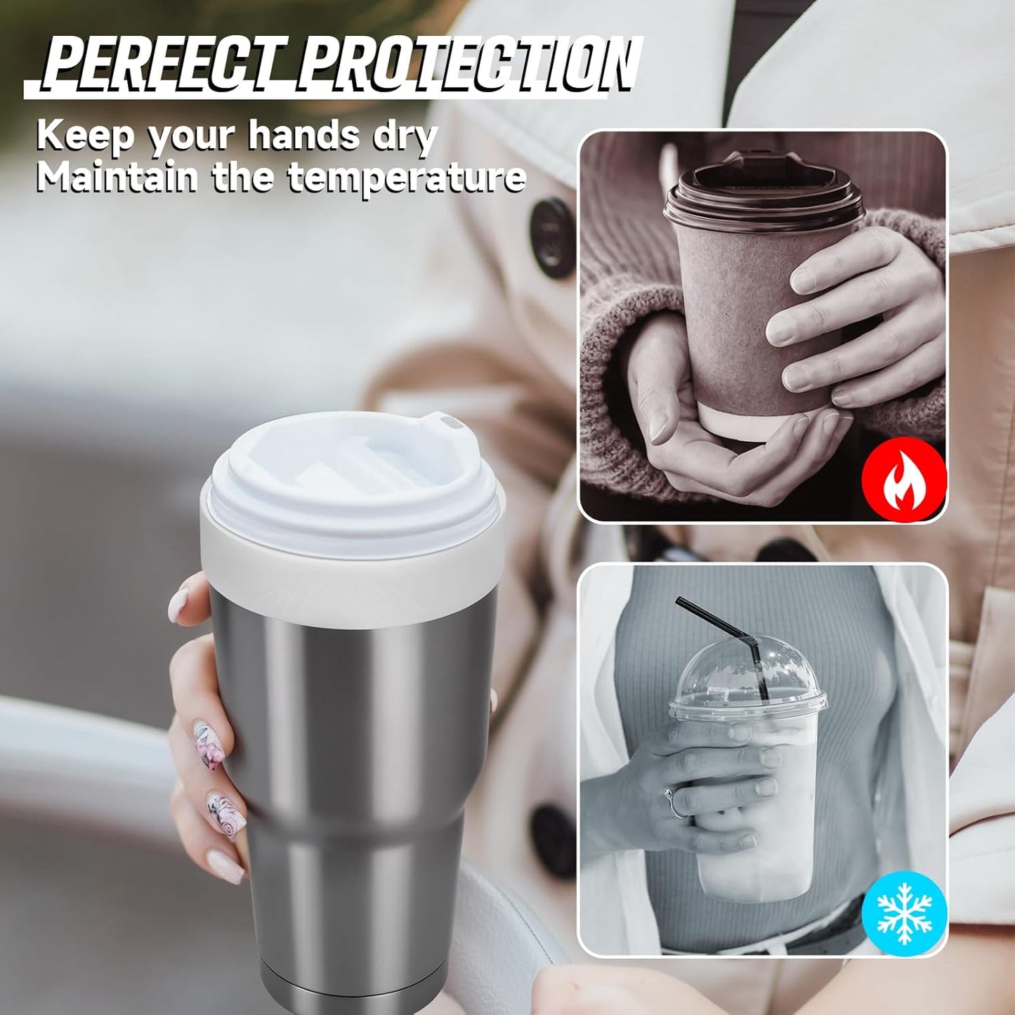 Silicone Ring for 30 & 40 oz Stainless Steel Tumbler,Reusable Iced Coffee Cup Ring,Durable Drink Sleeve for Cold Beverages, Leak-Proof Lid for Iced Coffee,Hot Drinks (White x 2)