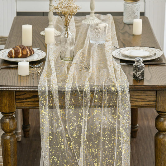 Beige Gold Gauze Table Runner 120 Inch 10FT, Glitter llic Foil Sheer Dining Wedding Anniversary Holiday Birthday Table Decor for Home Party