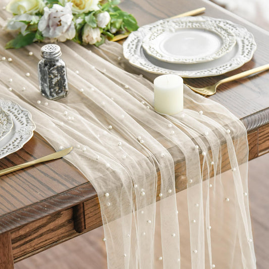 Pearl Beige Gauze Table Runner 120 Inch 10FT, Seasonal Sheer Dining Holiday Wedding Birthday Baby Shower Table Decor for Home Party