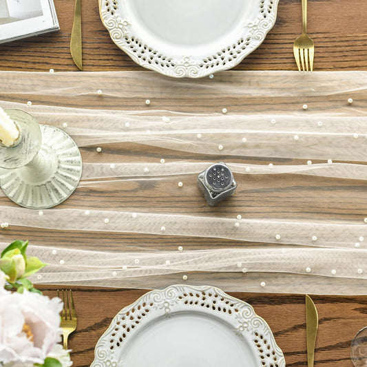 Pearl Beige Gauze Table Runner 120 Inch 10FT, Seasonal Sheer Dining Holiday Wedding Birthday Baby Shower Table Decor for Home Party