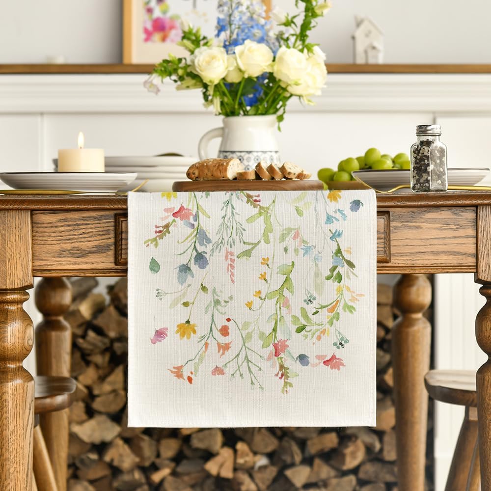 Wildflowers Bloom Flowers Spring Table Runner, Seasonal Summer Floral Kitchen Dining Table Decoration for Home Party Decor 13x72 Inch