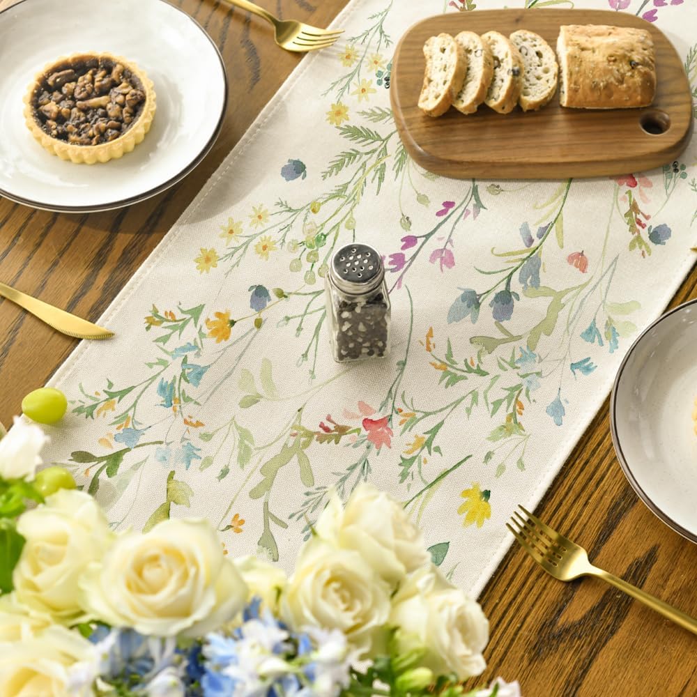 Wildflowers Bloom Flowers Spring Table Runner, Seasonal Summer Floral Kitchen Dining Table Decoration for Home Party Decor 13x72 Inch