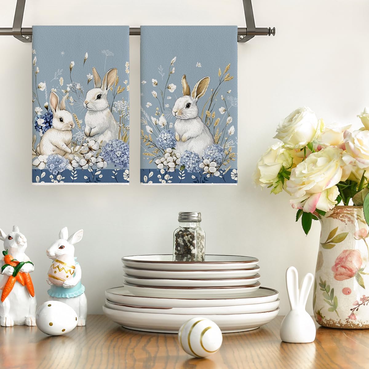 Bunny Hydrangea Easter Kitchen Towels Dish Towels, 18x26 Inch Spring Farmhouse Wild Flowers Decoration Hand Towels Set of 2