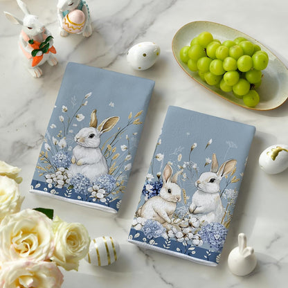 Bunny Hydrangea Easter Kitchen Towels Dish Towels, 18x26 Inch Spring Farmhouse Wild Flowers Decoration Hand Towels Set of 2