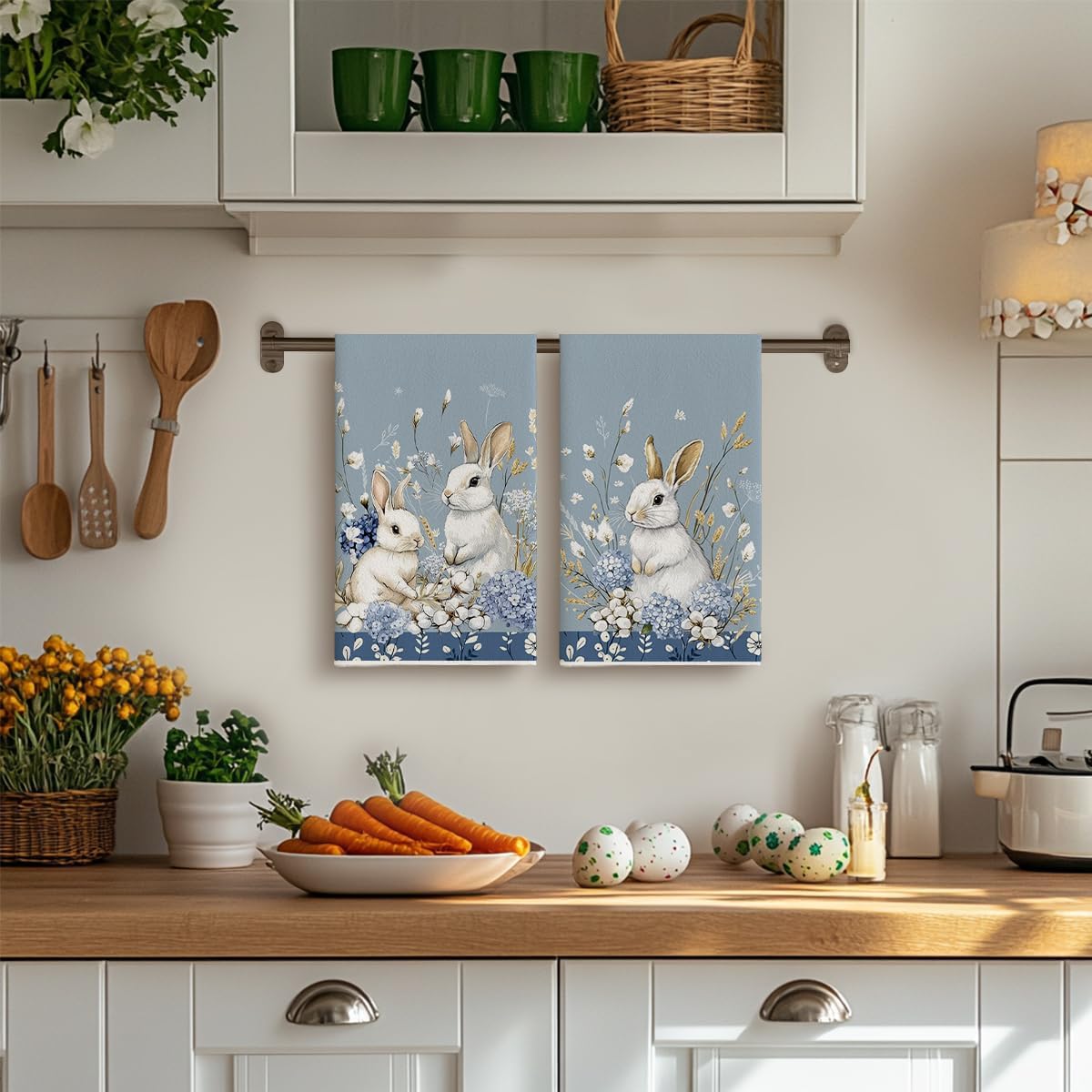 Bunny Hydrangea Easter Kitchen Towels Dish Towels, 18x26 Inch Spring Farmhouse Wild Flowers Decoration Hand Towels Set of 2
