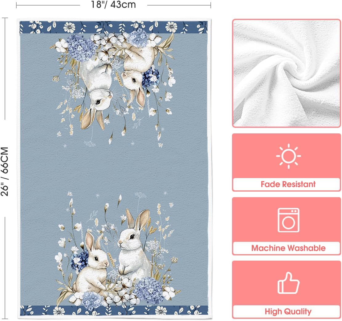 Bunny Hydrangea Easter Kitchen Towels Dish Towels, 18x26 Inch Spring Farmhouse Wild Flowers Decoration Hand Towels Set of 2
