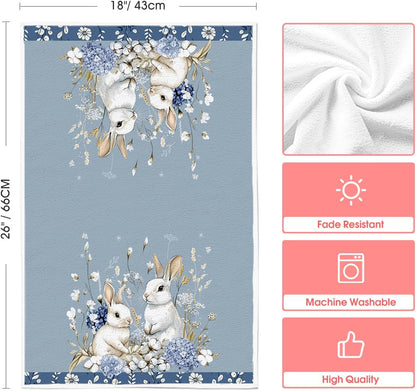 Bunny Hydrangea Easter Kitchen Towels Dish Towels, 18x26 Inch Spring Farmhouse Wild Flowers Decoration Hand Towels Set of 2