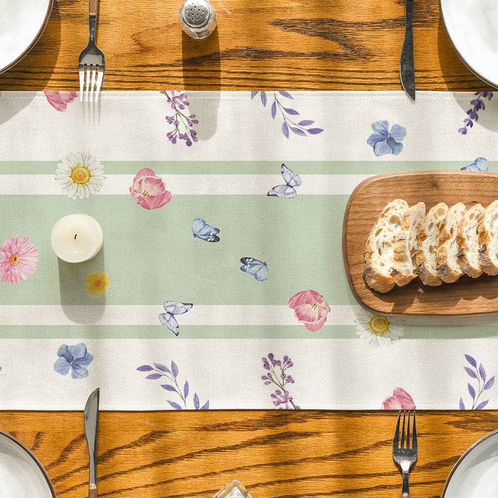 Vase Bloom Tulip Lavender Summer Table Runner, Seasonal Spring Kitchen Dining Table Decoration for Home Party Decor 13x72 Inch