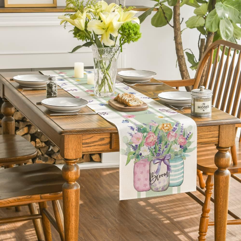 Vase Bloom Tulip Lavender Summer Table Runner, Seasonal Spring Kitchen Dining Table Decoration for Home Party Decor 13x72 Inch