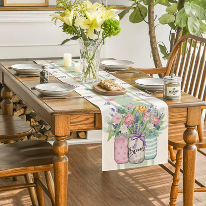Vase Bloom Tulip Lavender Summer Table Runner, Seasonal Spring Kitchen Dining Table Decoration for Home Party Decor 13x72 Inch