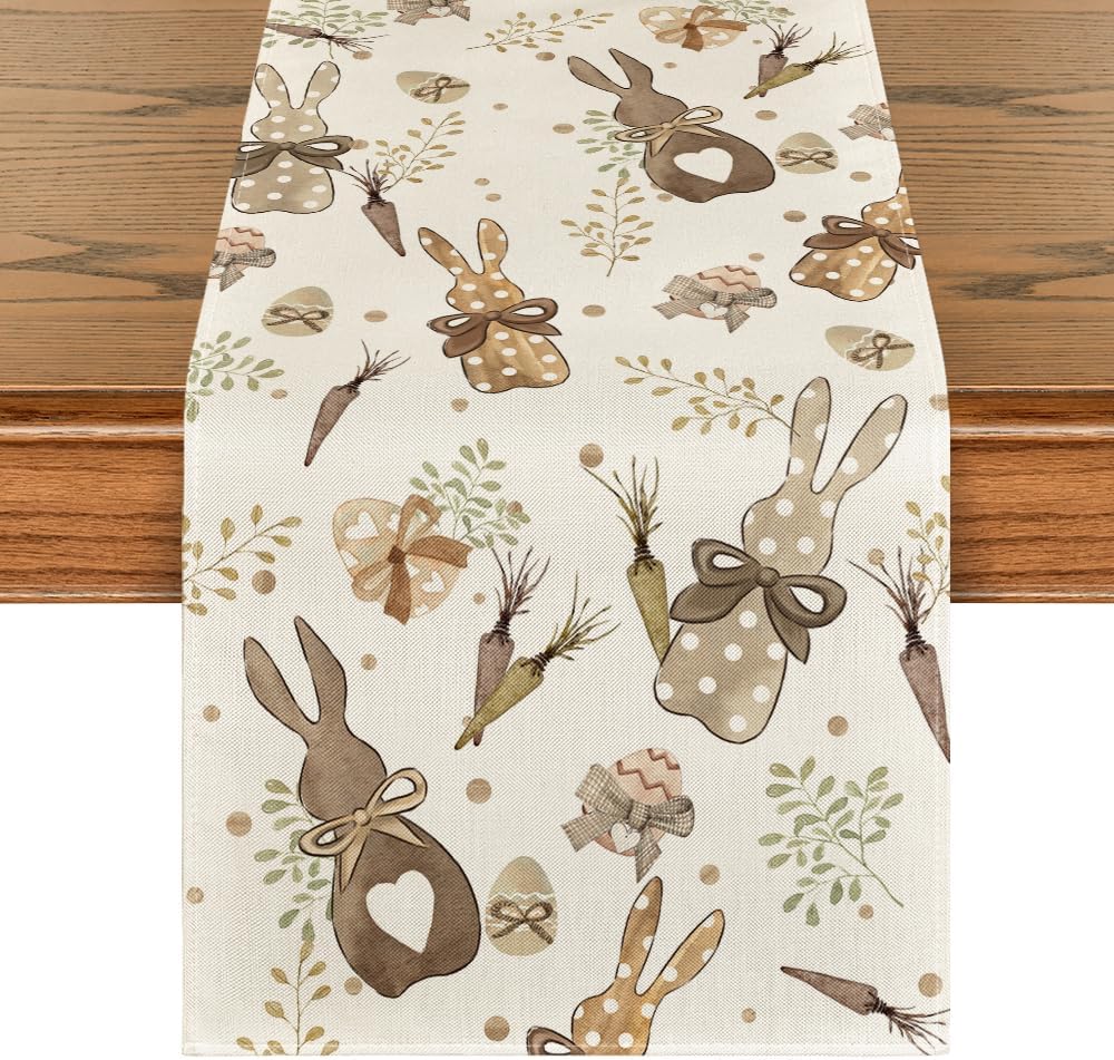 Bunny Rabbit Eucalyptus Eggs Carrots Easter Table Runner, Seasonal Spring Kitchen Dining Table Decoration for Home Party Decor 13x72 Inch