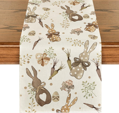 Bunny Rabbit Eucalyptus Eggs Carrots Easter Table Runner, Seasonal Spring Kitchen Dining Table Decoration for Home Party Decor 13x72 Inch