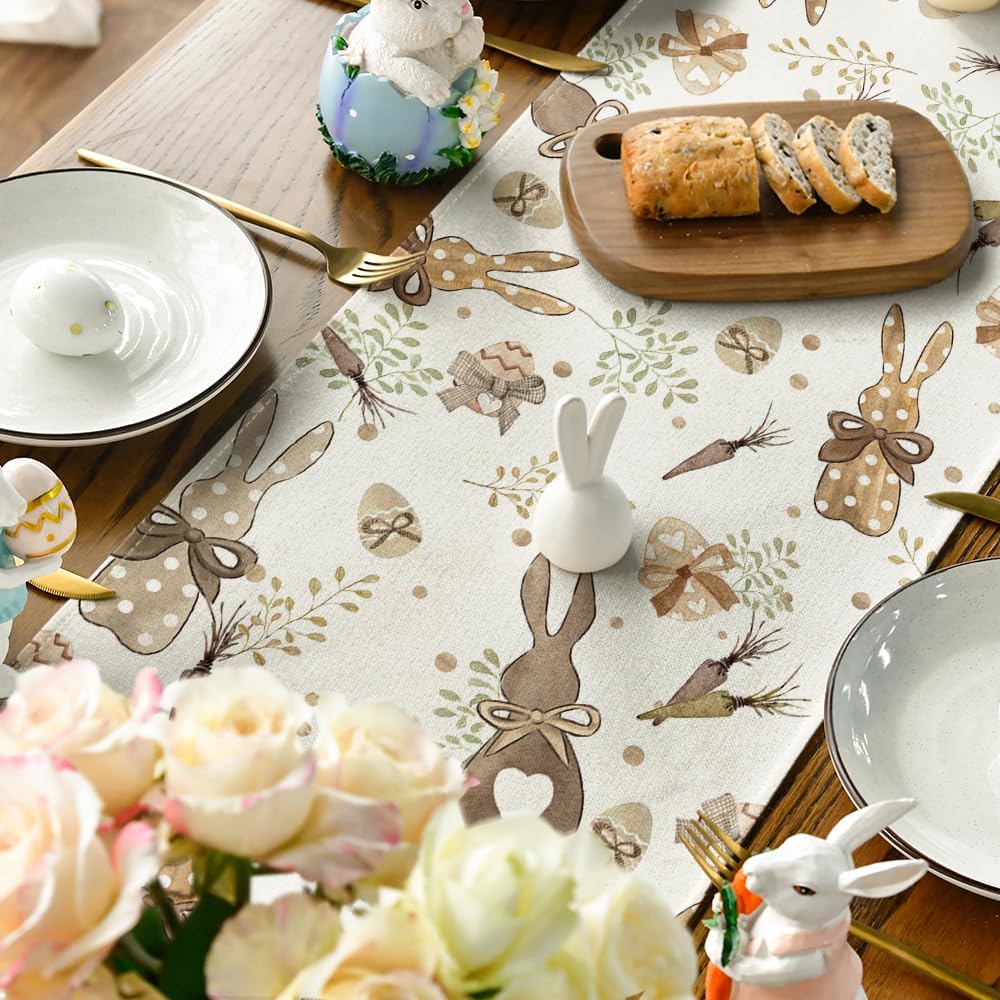Bunny Rabbit Eucalyptus Eggs Carrots Easter Table Runner, Seasonal Spring Kitchen Dining Table Decoration for Home Party Decor 13x72 Inch